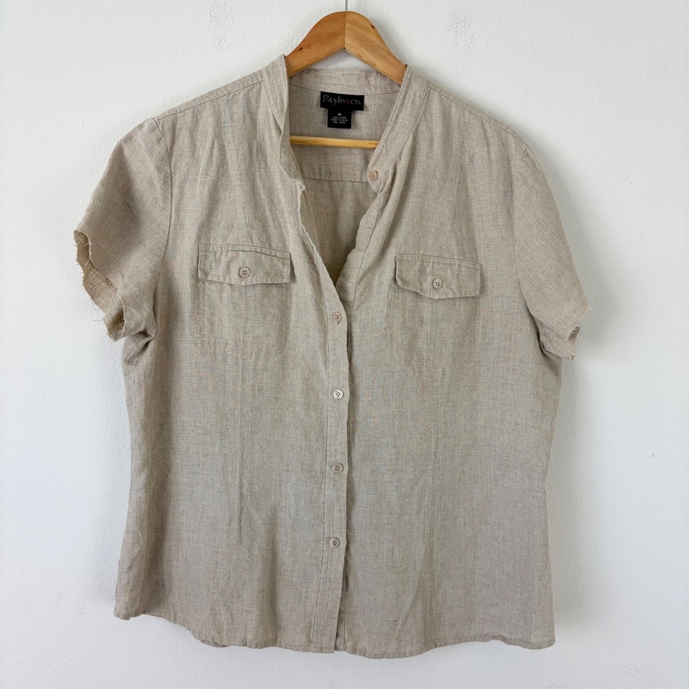 Style & Co Womens Linen Button Down Shirt Beige Short Sleeve Raw Hem Size 16
